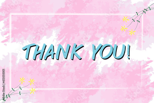Banner, thank you, light blue letters, pink watercolor background. Splash watercolor with shadow