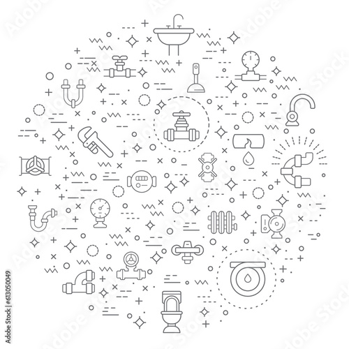 Simple Set of plumbing Related Vector Line Illustration. Contains such Icons as traps, drains, taps, hand tools, vise, pipe, connector, valve and Other Elements.