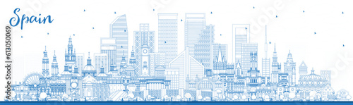 Outline Spain City Skyline with Blue Buildings. Spain Cityscape with Landmarks. Madrid. Barcelona. Valencia. Seville. Zaragoza.
