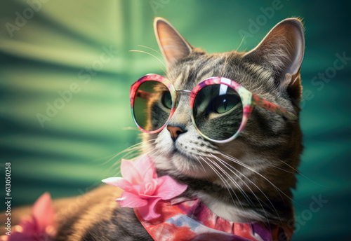 Cat wearing tropical design glasses, Generative AI © soupstock