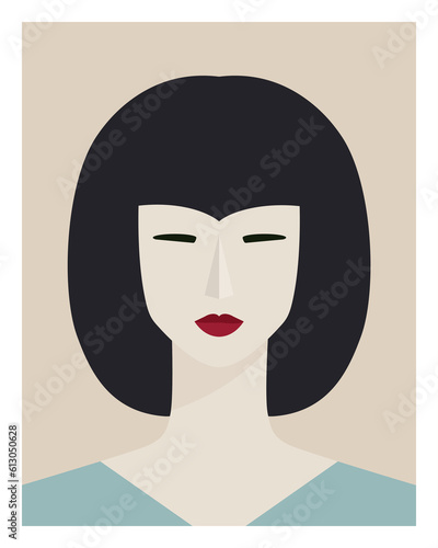 Asian woman portrait. Trendy strong woman abstract portrait. Flat face portrait wall poster. Brunette retro woman. Female portrait. Minimalistic wall art. Vector wall poster. 