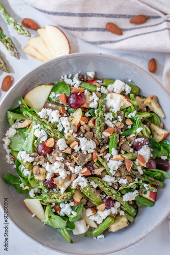 healthy home made asparagus salad with lentils photo