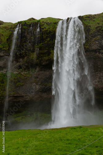 haute chute d eau devant un rocher avec du gazon vert en avant plan lors d une journ  e grise