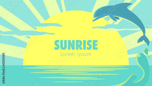 Vector illustration of sea sunrise and a dolphin. Summer banner background with copy space.
