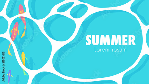Top view illustration of sea water surface and tropical fish with light reflections. Summer banner background with copy space. 