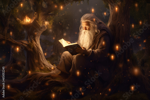 Old person reading a book at night by fire flies light.