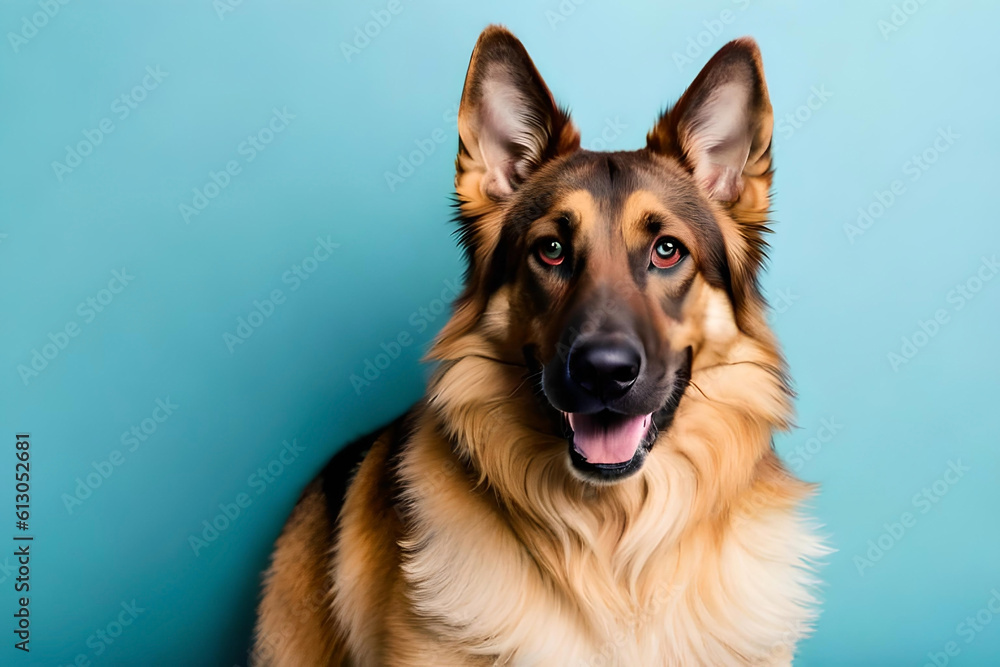 German Shepherd dog on soft blue background German Shepherd dog on soft blue background