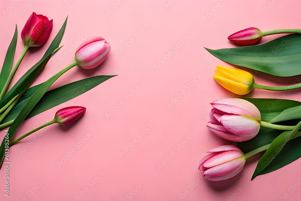 Tulips on pink background. Generative AI. Tulips on pink background. Generative AI.
