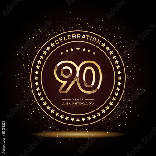90 year anniversary logo design with double line numbers in gold color, vector template
