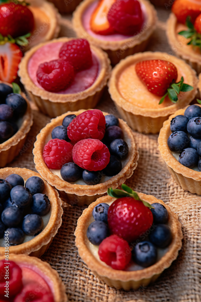 Beautiful close-up of different small delicious berry tarts on a picnic blanket, made with generative AI Beautiful close-up of different small delicious berry tarts on a picnic blanket, made with generative AI