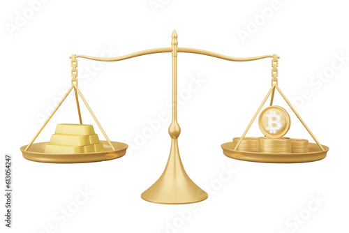 Bitcoin and gold in balance scale investment financial business and law concept