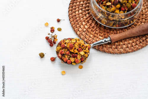 Albizia dried flower tea in a cup photo