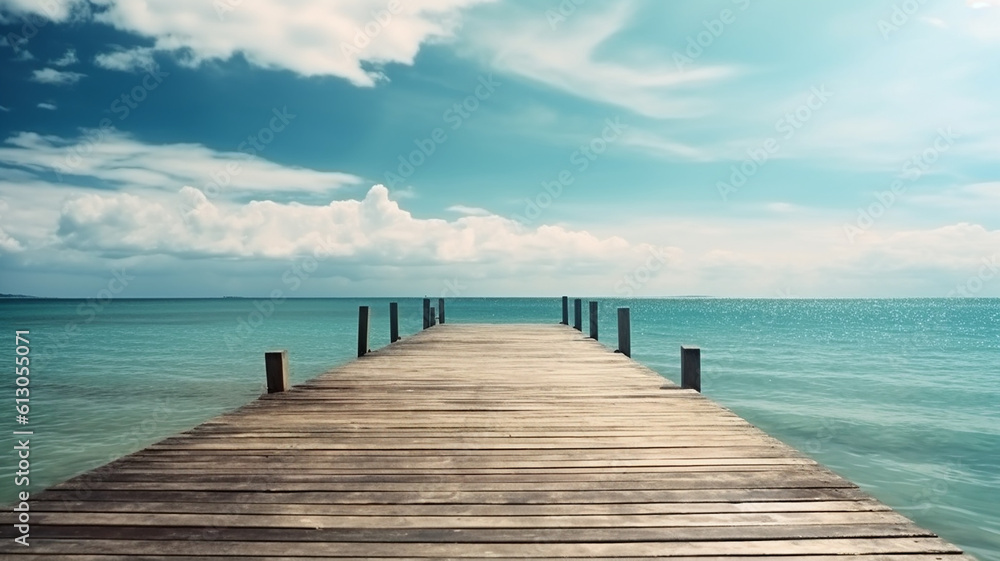 Wooden Pier Blue Sea Sky Background, Generative AI