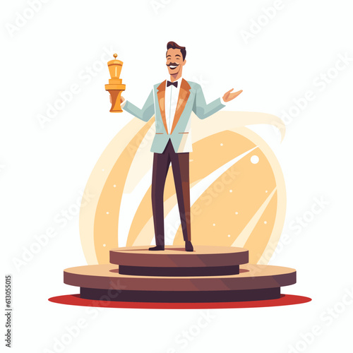 Best movie, tv or theater actor winner standing on a stage and holding an award, isolated vector illustration