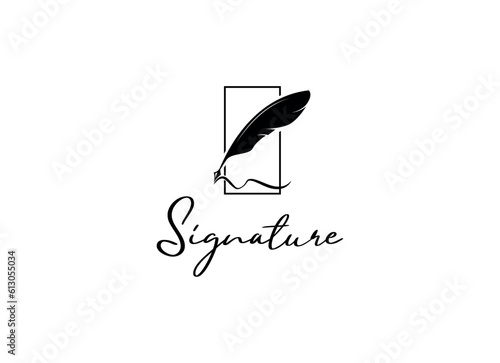 Quill Feather Pen, Minimalist Signature Handwriting logo design vector