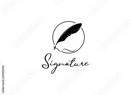Quill Feather Pen, Minimalist Signature Handwriting logo design vector