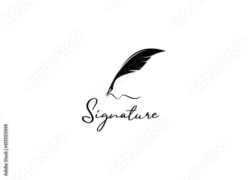 Quill Feather Pen, Minimalist Signature Handwriting logo design vector
