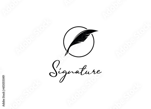 Quill Feather Pen, Minimalist Signature Handwriting logo design vector