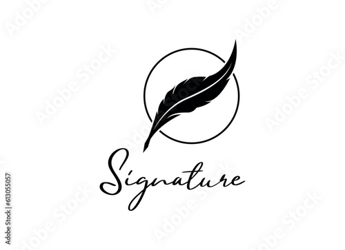 Quill Feather Pen, Minimalist Signature Handwriting logo design vector