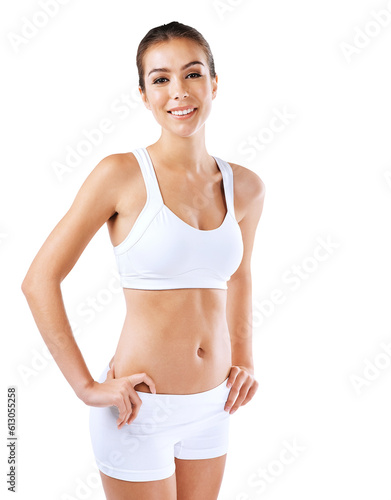 Fitness, body and portrait of woman for wellness on isolated, png and transparent background. Sports, health and happy confident female person ready for exercise, training and workout to lose weight