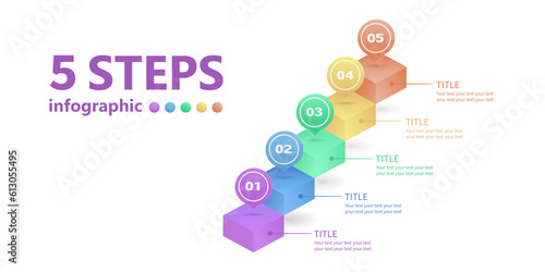 Business infographic in the form of a ladder of 5 steps going up. 3 D. Vector illustration.
