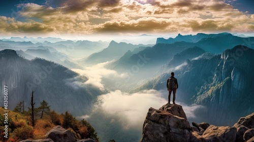 Hiker At The Summit Of A Mountain Overlooking A Stunning View