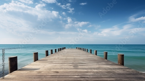 Wooden Pier , boardwalk, Blue Sea Sky Background, Generative AI
