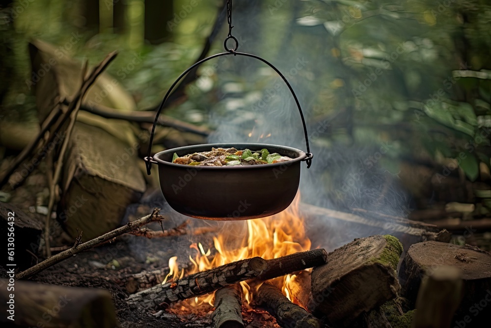 Suspended On A Tripod Over An Open Flame Campfire Suspended On A Tripod Over An Open Flame Campfire