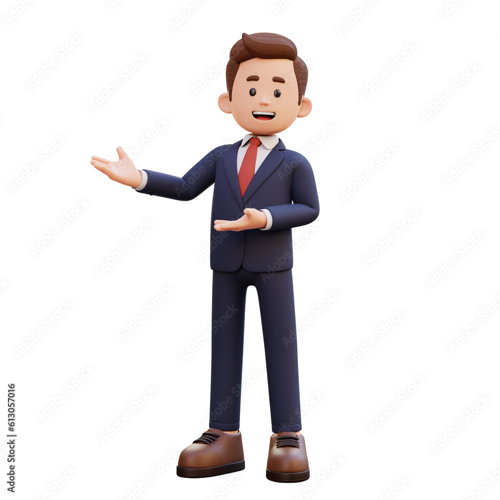 3d male character presenting to the right