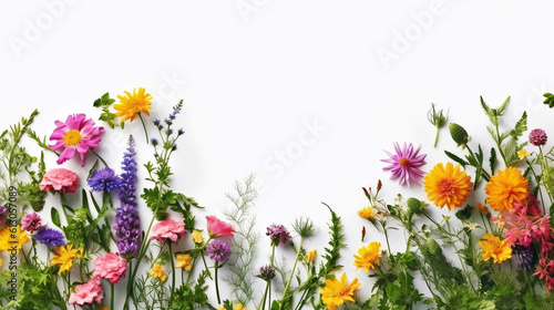 Summer botanical pattern. Floral composition of fewerfew, erica, sage and chrysanthemum flowers and green alchemilla plants on white wooden background. AI Generative Image photo