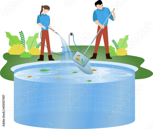 janitors cleaning dirty pool vector illustration, clean pool service, Pool and outdoor cleaning service flat icon, illustration for website and banner, 