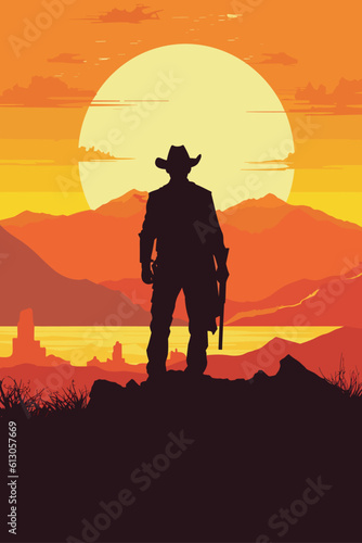 Classic retro western movie poster with a sheriff or outlaw man silhouette holding a gun at the sunset. Print, cover, canvas, postcard, image, illustration