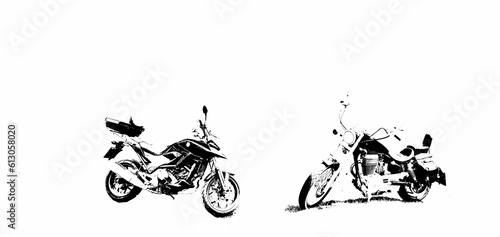 Fotografija comparison black and white graffity style illustration of modern touring motorcycle and old fashioned vintage chopper motorcycle