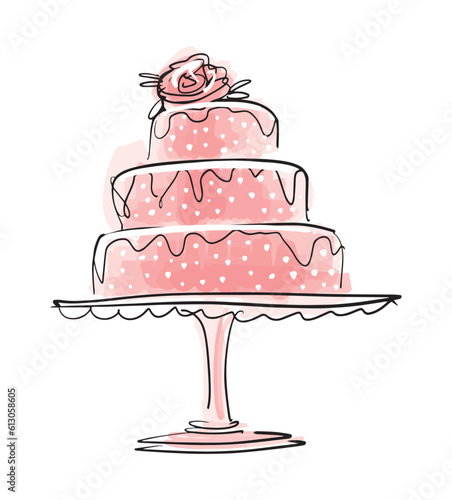 Birthday cake 3 tiers, decor with flower and white chocolate, pink wedding sketch style, hand drawn vector illustration isolated on white background. Logo for a candy store.