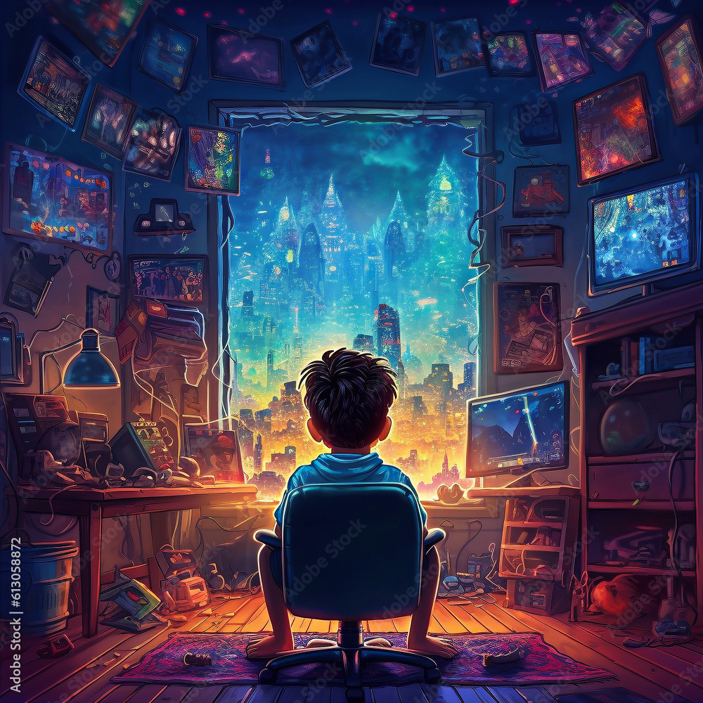 Boy playing video games in his room, created with generative AI Boy playing video games in his room, created with generative AI