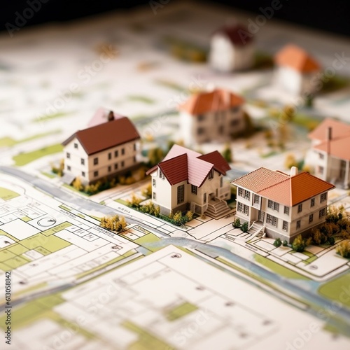 Cadastral map with small buildings, created with generative AI