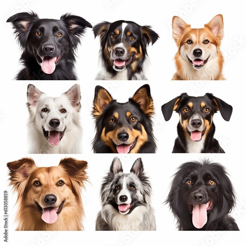 Set of different happy dogs portraits isolated on white background  created with generative AI