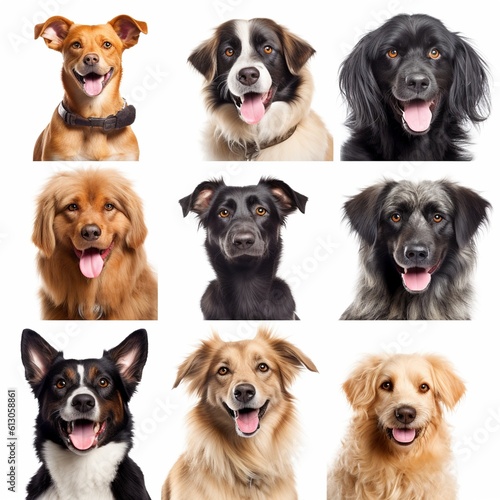 Set of different happy dogs portraits isolated on white background  created with generative AI