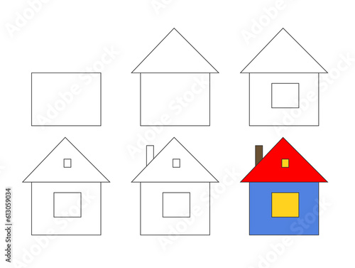 Worksheet easy guide to drawing house. Simple step-by-step drawing tutorial for little kids.