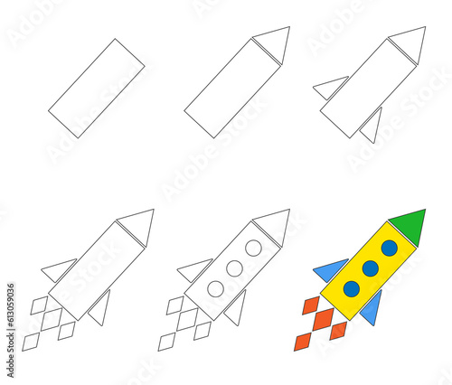 Worksheet easy guide to drawing cartoon rocket. Simple step-by-step drawing tutorial for little kids.