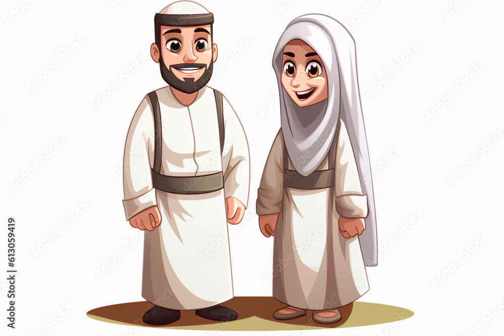 Cartoon muslim man and woman wearing ihram clothing, generative ai Cartoon muslim man and woman wearing ihram clothing, generative ai