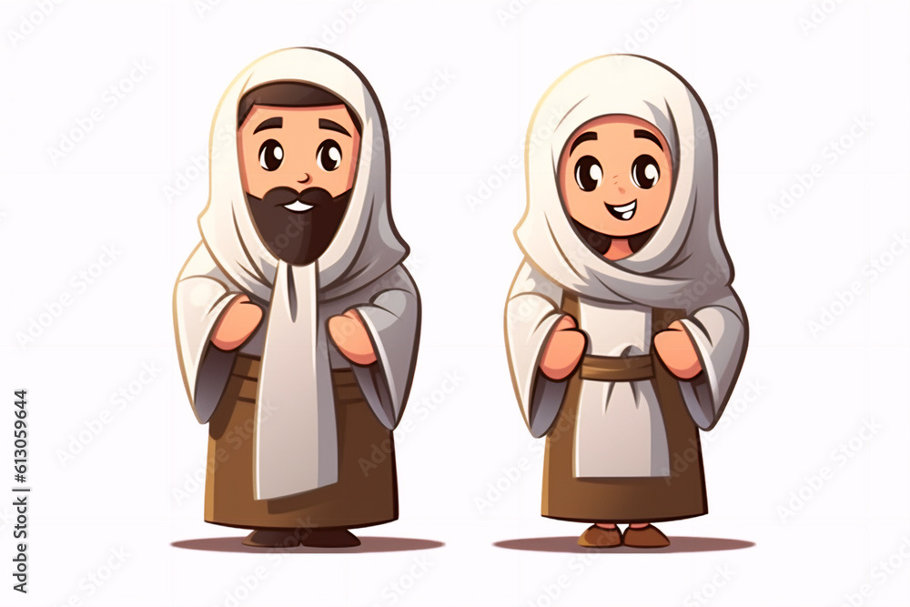 Cartoon muslim man and woman wearing ihram clothing, generative ai Cartoon muslim man and woman wearing ihram clothing, generative ai