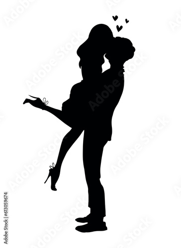 Loving couple silhouette, modern and young man and woman hugging and kissing, valentine s day, wedding, invitation. Flat vector illustration isolated on white background.