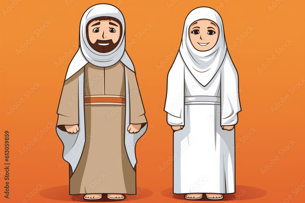 Cartoon muslim man and woman wearing ihram clothing, generative ai Cartoon muslim man and woman wearing ihram clothing, generative ai