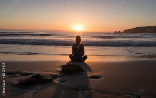 A woman sitting on a rock on the beach at sunset. Generative AI.