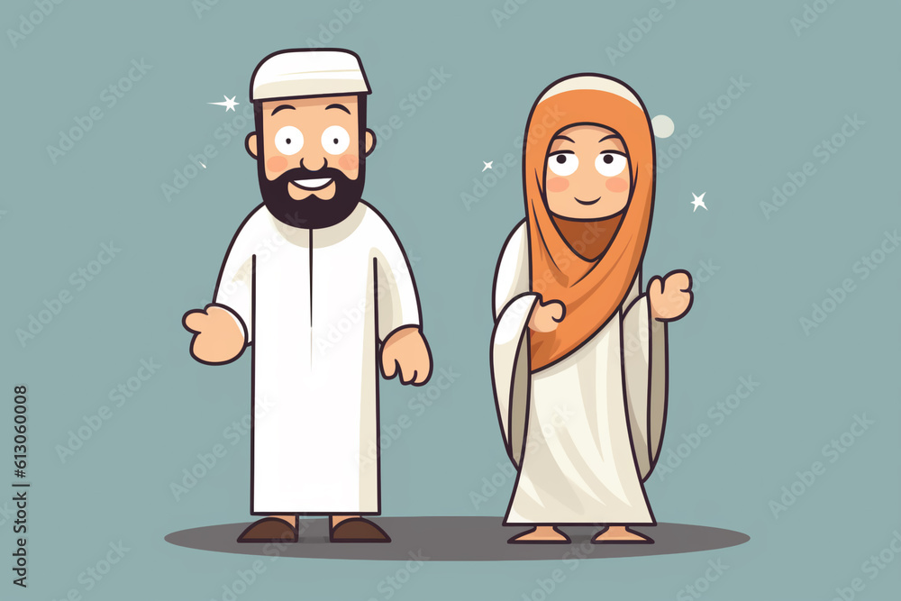 Cartoon muslim man and woman wearing ihram clothing, generative ai Cartoon muslim man and woman wearing ihram clothing, generative ai