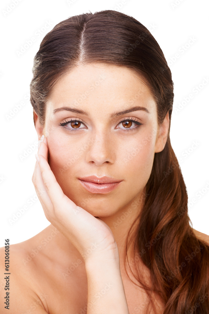 Beauty, cosmetics and portrait of a woman with a natural, glow and makeup face routine. Health, wellness and young female model with a skincare facial treatment isolated by transparent png background