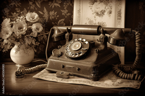 An old telephone on colorful background