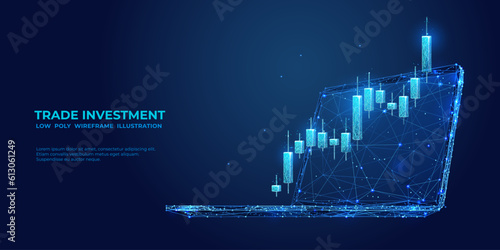 Trade investment concept. Digital graph chart on laptop screen. Stock market candlestick in polygonal wireframe style. Web banner with abstract 3D vector illustration on blue technological background