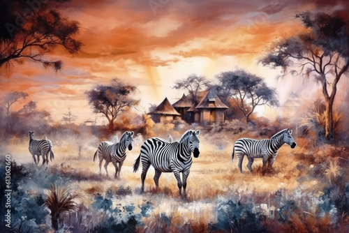 Zebras in the savannah manga watercolor oil illustration generative ai